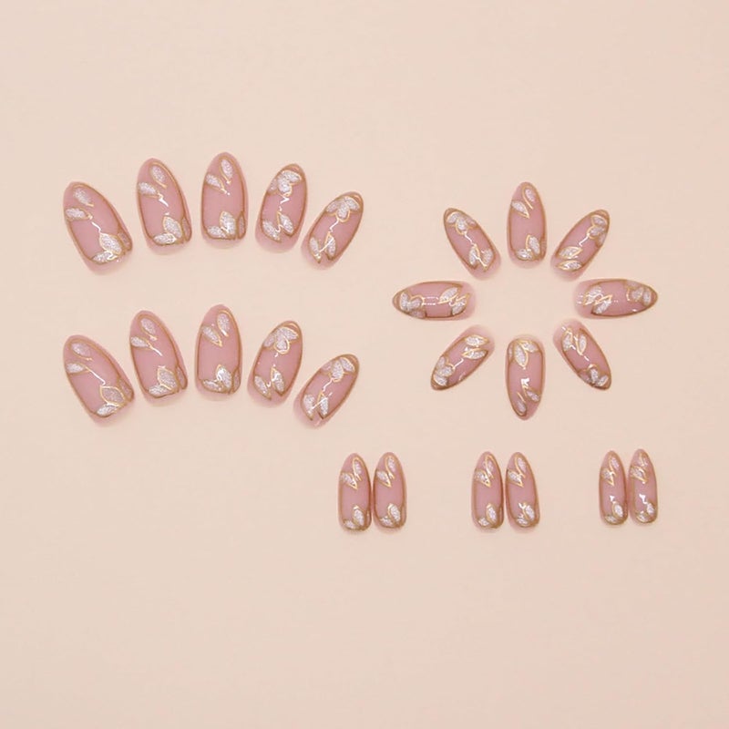 ASABITE 24 Pcs Nude Press on Nails Medium Almond Fake Nails with Glue Artificial Acrylic Nails Press ons with Golden Glitter Leaf Design Full Cover Reusable Stick on Nail for Women Girls Daily Wear - Image 4